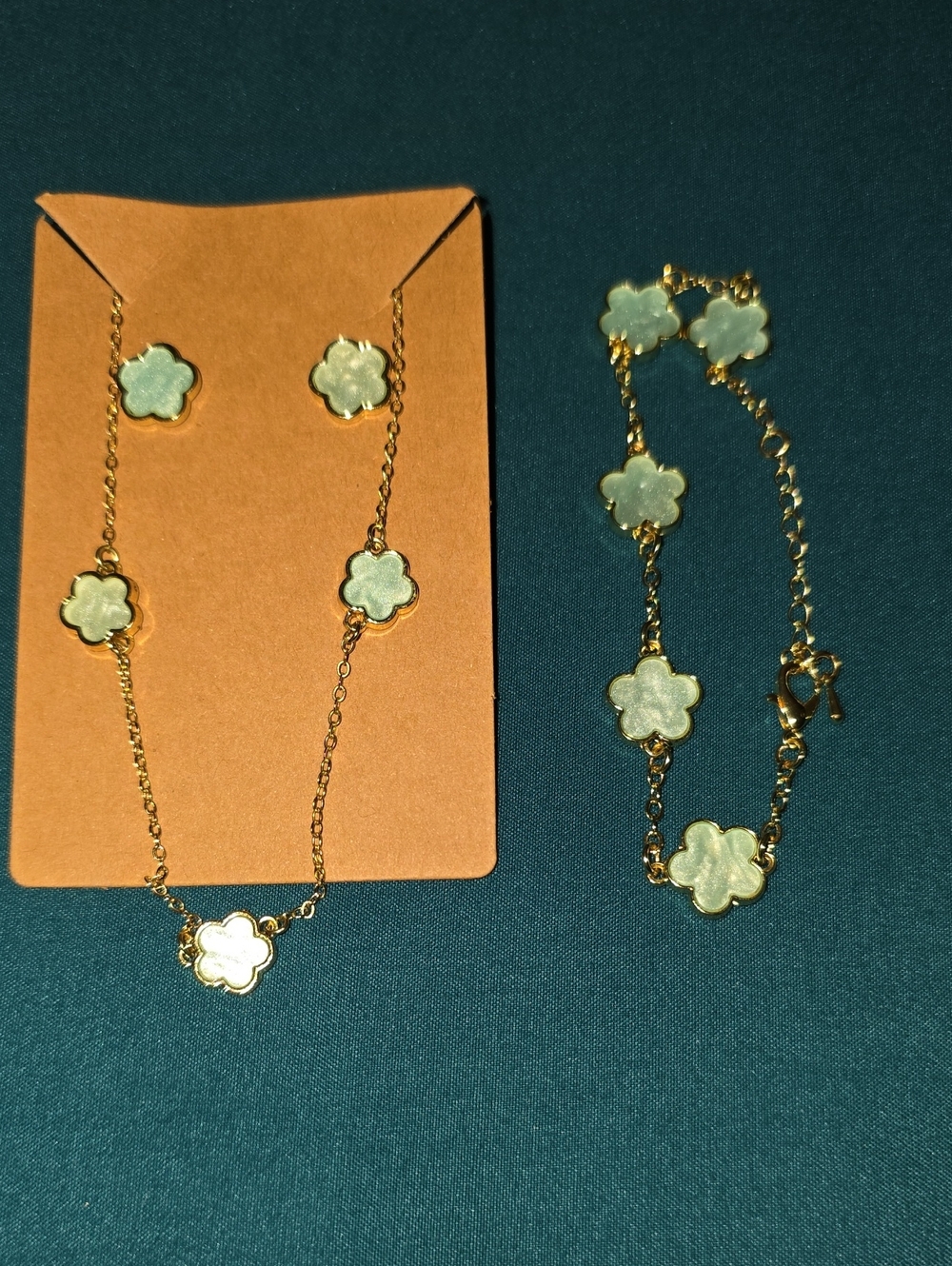 Gold-Plated Green Flower Pendant Necklace and Bracelet Set